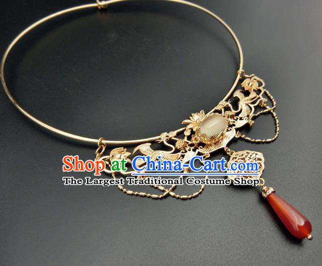 Chinese Handmade Hanfu Golden Crane Necklet Classical Jewelry Accessories Ancient Ming Dynasty Princess Agate Necklace for Women