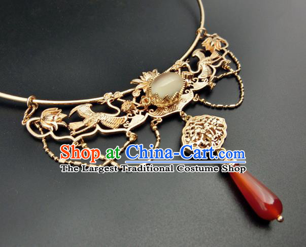 Chinese Handmade Hanfu Golden Crane Necklet Classical Jewelry Accessories Ancient Ming Dynasty Princess Agate Necklace for Women