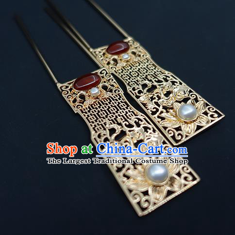 Chinese Classical Palace Agate Golden Hair Sticks Handmade Hanfu Hair Accessories Ancient Tang Dynasty Empress Carving Lotus Hairpins