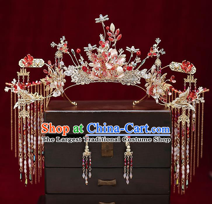 Chinese Classical Wedding Dragonfly Phoenix Coronet Handmade Hair Accessories Ancient Bride Tassel Hair Crown Hairpins Complete Set