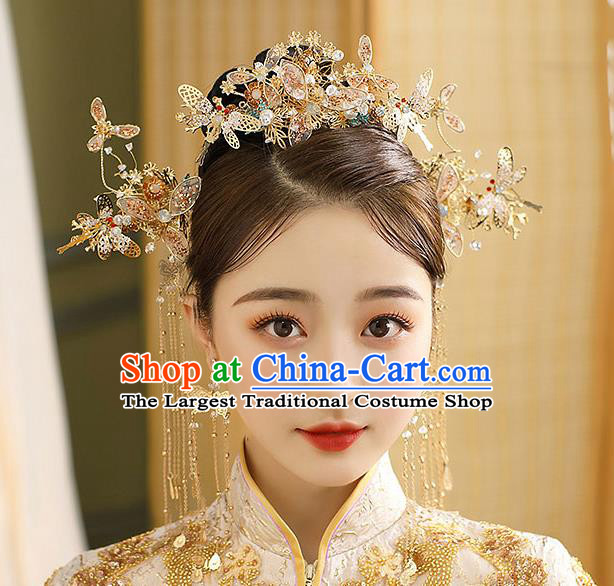 Chinese Classical Wedding Golden Dragonfly Hair Crown Handmade Hair Accessories Ancient Bride Tassel Hairpins Complete Set