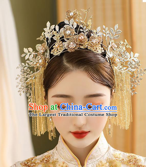 Chinese Classical Wedding Golden Butterfly Plum Hair Crown Handmade Hair Accessories Ancient Bride Tassel Hairpins Complete Set