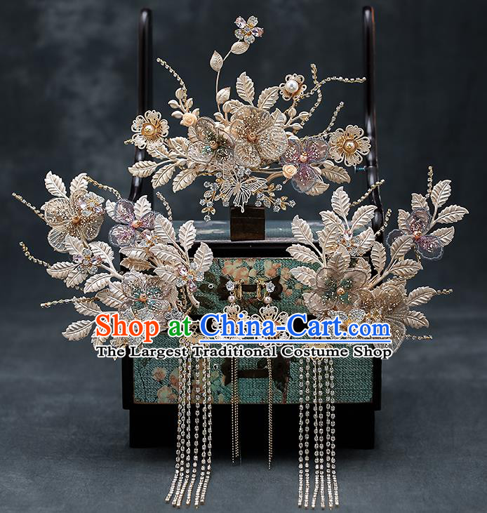 Chinese Classical Wedding Plum Blossom Hair Crown Handmade Hair Accessories Ancient Bride Tassel Hairpins Hair Sticks Complete Set