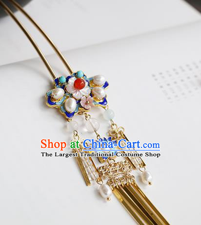 Chinese Classical Palace Pearls Golen Tassel Hair Stick Handmade Hanfu Hair Accessories Ancient Qing Dynasty Princess Blueing Lotus Hairpins