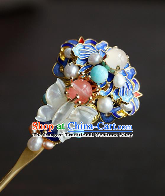 Chinese Classical Palace Gems Blueing Hair Stick Handmade Hanfu Hair Accessories Ancient Ming Dynasty Princess Pearls Shell Butterfly Hairpins