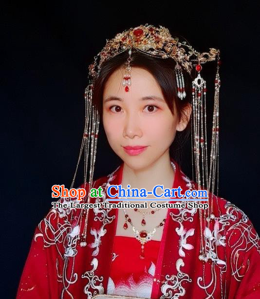 Chinese Classical Wedding Phoenix Coronet Handmade Hanfu Hair Accessories Ancient Ming Dynasty Princess Tassel Hairpins