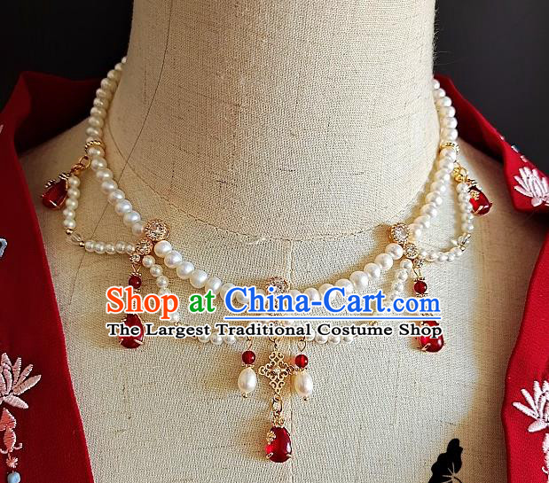 Chinese Handmade Ming Dynasty Red Crystal Necklet Classical Jewelry Accessories Ancient Princess Hanfu Pearls Necklace for Women