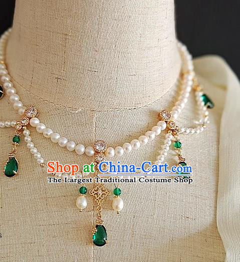 Chinese Handmade Ming Dynasty Green Crystal Necklet Classical Jewelry Accessories Ancient Princess Hanfu Pearls Necklace for Women