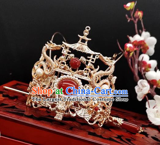 Chinese Classical Agate Hair Stick Handmade Hanfu Hair Accessories Ancient Tang Dynasty Princess Hairpins Golden Dragon Hair Crown