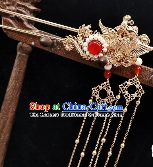 Chinese Classical Golden Tassel Hair Stick Handmade Hanfu Hair Accessories Ancient Tang Dynasty Princess Phoenix Hairpins