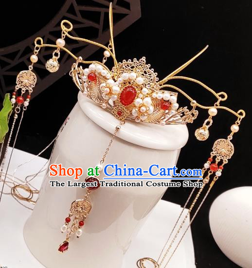 Chinese Classical Pearls Phoenix Coronet Handmade Hanfu Hair Accessories Ancient Tang Dynasty Princess Hairpins Tassel Hair Crown