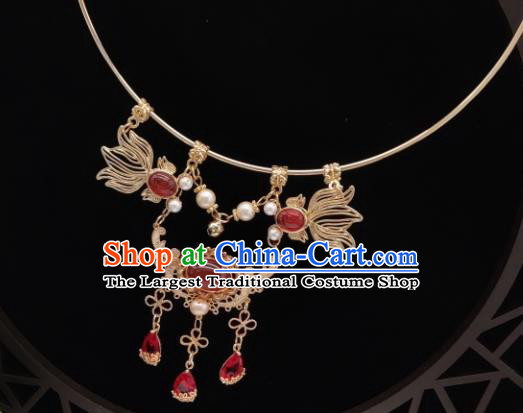 Chinese Handmade Ming Dynasty Hanfu Red Quartz Necklet Classical Jewelry Accessories Ancient Princess Golden Necklace for Women