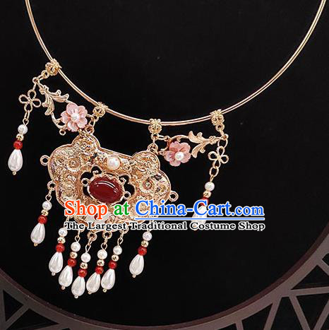 Chinese Handmade Ming Dynasty Hanfu Agate Necklet Classical Jewelry Accessories Ancient Princess Golden Longevity Lock Necklace for Women