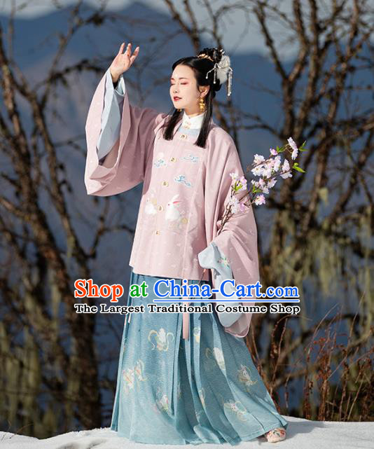 Chinese Ancient Hanfu Apparels Traditional Ming Dynasty Historical Costumes Patrician Lady Embroidered Pink Blouse and Skirt Full Set