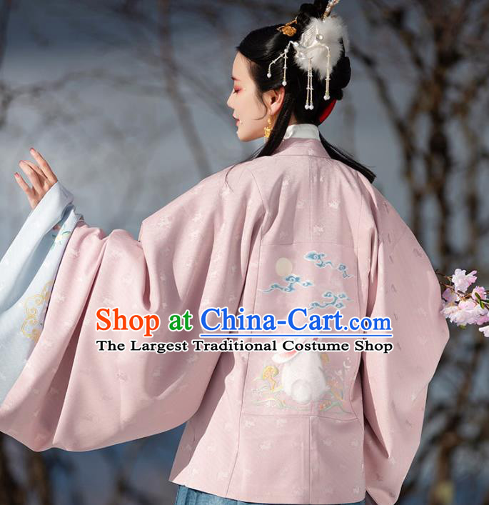 Chinese Ancient Hanfu Apparels Traditional Ming Dynasty Historical Costumes Patrician Lady Embroidered Pink Blouse and Skirt Full Set