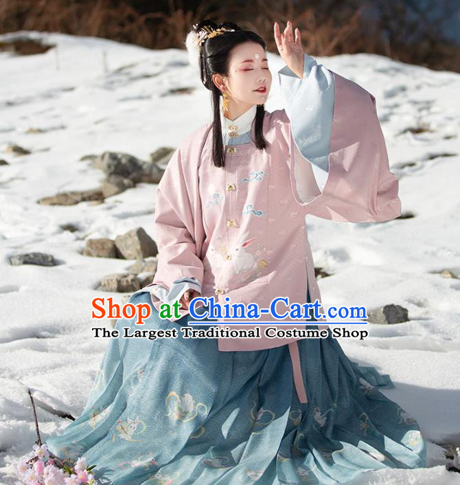 Chinese Ancient Hanfu Apparels Traditional Ming Dynasty Historical Costumes Patrician Lady Embroidered Pink Blouse and Skirt Full Set