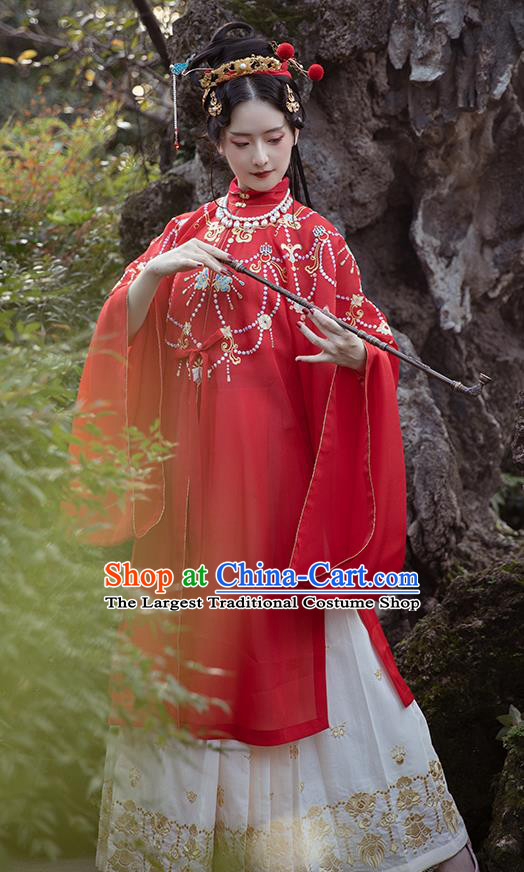 Chinese Ancient Court Lady Hanfu Apparels Traditional Ming Dynasty Palace Princess Historical Costumes Embroidered Red Gown and Skirt Full Set