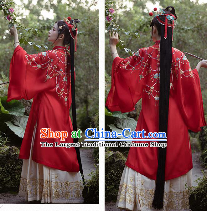 Chinese Ancient Court Lady Hanfu Apparels Traditional Ming Dynasty Palace Princess Historical Costumes Embroidered Red Gown and Skirt Full Set