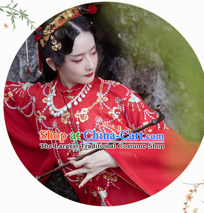 Chinese Ancient Court Lady Hanfu Apparels Traditional Ming Dynasty Palace Princess Historical Costumes Embroidered Red Gown and Skirt Full Set