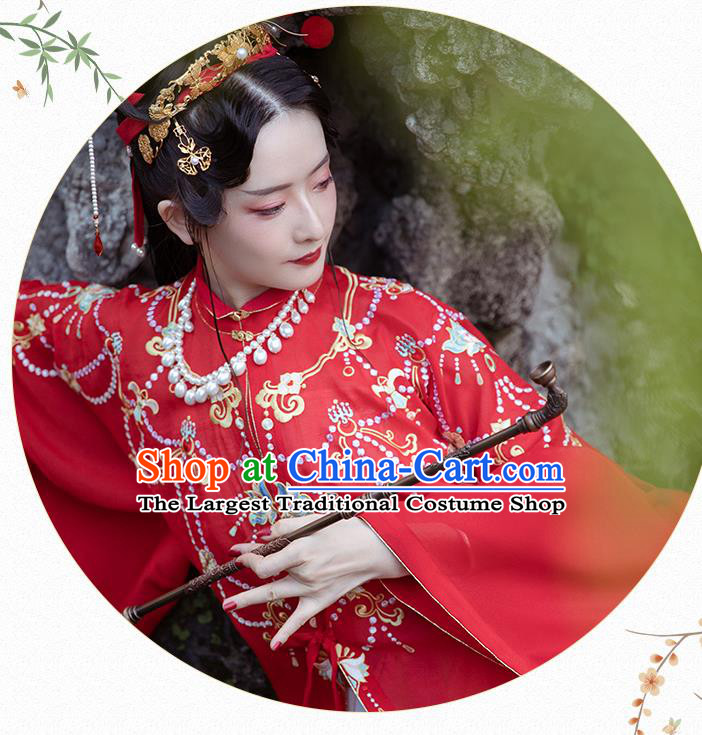 Chinese Ancient Court Lady Hanfu Apparels Traditional Ming Dynasty Palace Princess Historical Costumes Embroidered Red Gown and Skirt Full Set