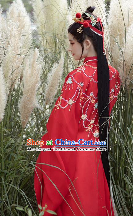 Chinese Ancient Court Lady Hanfu Apparels Traditional Ming Dynasty Palace Princess Historical Costumes Embroidered Red Gown and Skirt Full Set