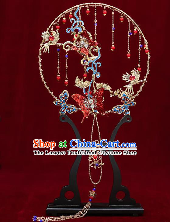 Chinese Handmade Wedding Blueing Butterfly Palace Fans Classical Fans Ancient Bride Red Round Fans
