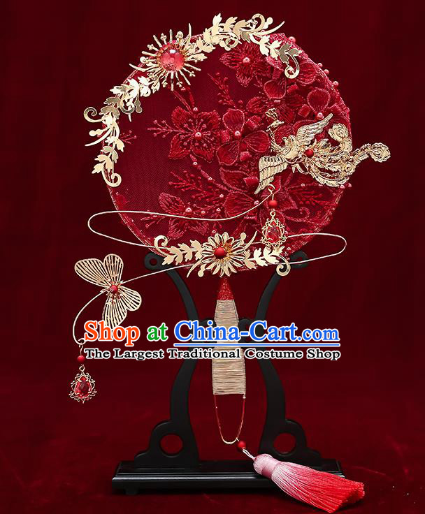 Chinese Handmade Wedding Red Lace Flowers Palace Fans Classical Fans Ancient Bride Golden Butterfly Round Fans