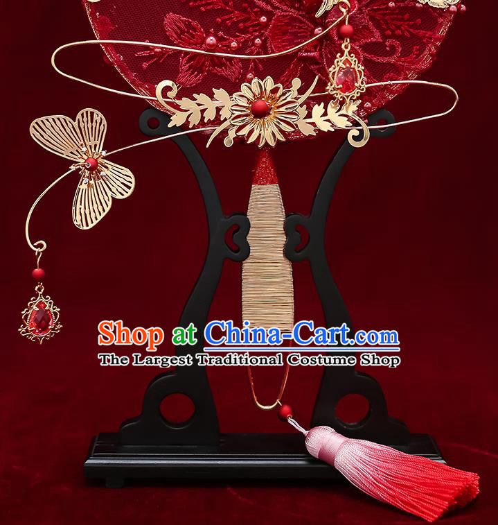 Chinese Handmade Wedding Red Lace Flowers Palace Fans Classical Fans Ancient Bride Golden Butterfly Round Fans