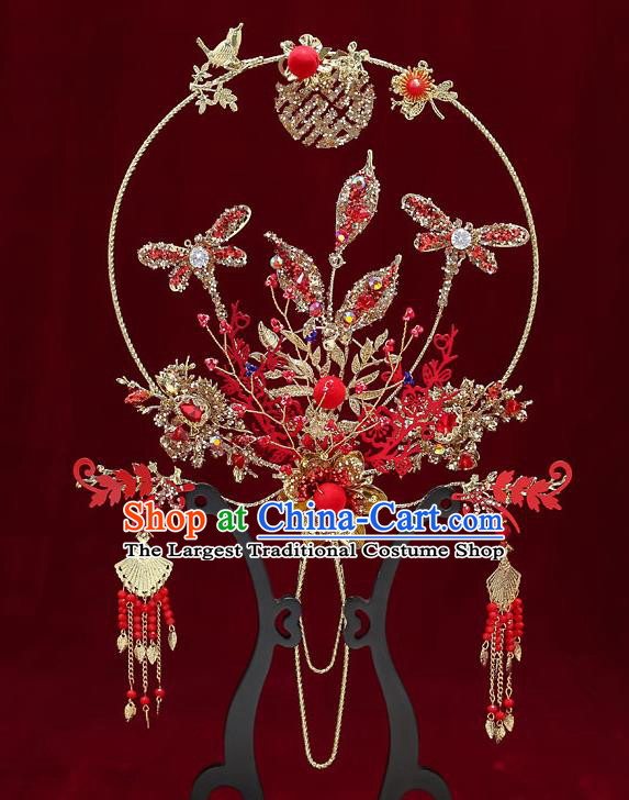 Chinese Handmade Wedding Red Crystal Dragonfly Palace Fans Classical Fans Ancient Bride Golden Round Fans