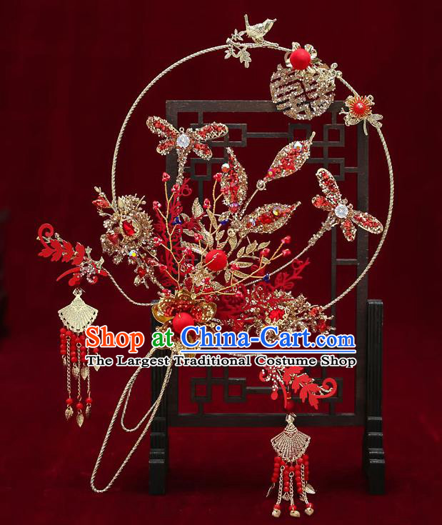 Chinese Handmade Wedding Red Crystal Dragonfly Palace Fans Classical Fans Ancient Bride Golden Round Fans