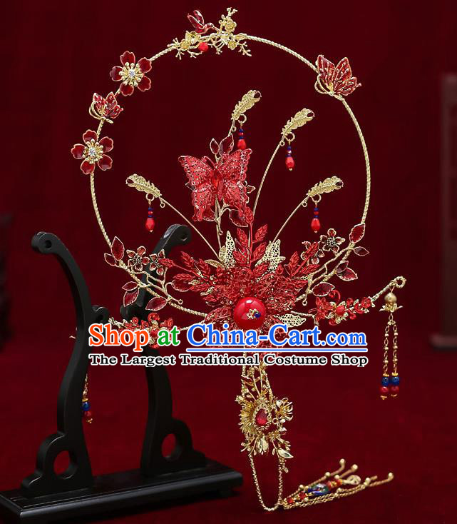 Chinese Handmade Wedding Red Butterfly Plum Palace Fans Classical Fans Ancient Bride Tassel Round Fans