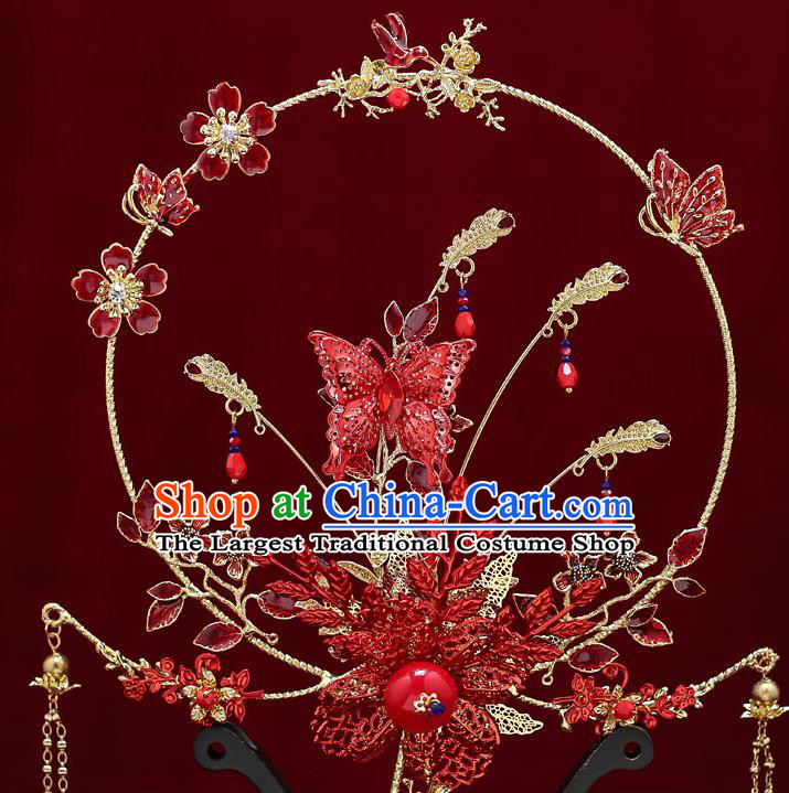 Chinese Handmade Wedding Red Butterfly Plum Palace Fans Classical Fans Ancient Bride Tassel Round Fans