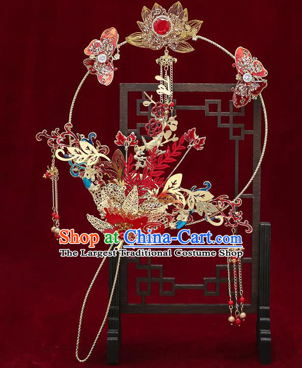 Chinese Handmade Wedding Red Butterfly Lotus Palace Fans Classical Fans Ancient Bride Tassel Round Fans