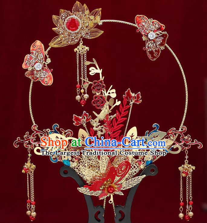 Chinese Handmade Wedding Red Butterfly Lotus Palace Fans Classical Fans Ancient Bride Tassel Round Fans