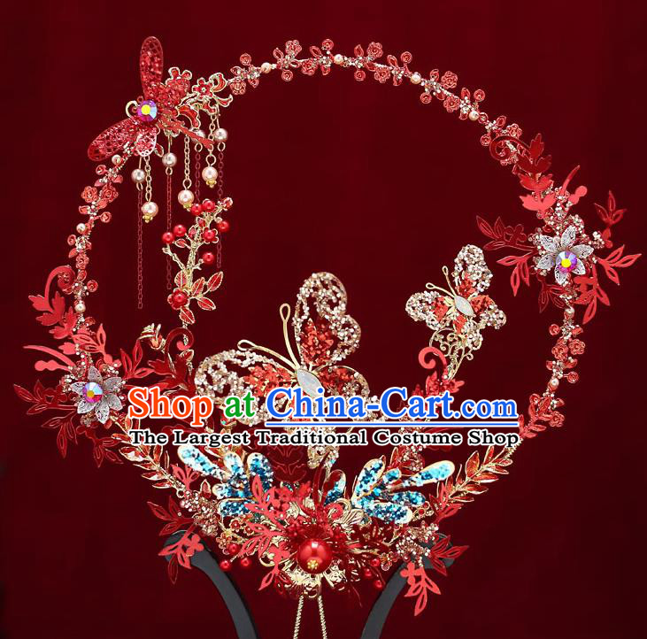 Chinese Handmade Wedding Red Dragonfly Butterfly Palace Fans Classical Fans Ancient Bride Round Fans