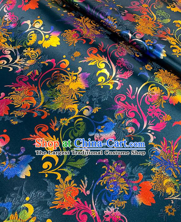 Chinese Traditional Chrysanthemum Pattern Navy Blue Silk Fabric Brocade Drapery Qipao Dress Damask Material