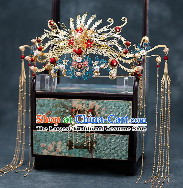 Chinese Classical Wedding Hair Crown Handmade Hair Accessories Ancient Bride Hairpins Golden Phoenix Coronet Complete Set
