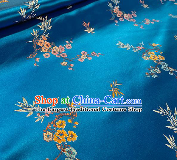 Chinese Traditional Plum Bamboo Pattern Blue Silk Fabric Brocade Drapery Cheongsam Damask Material