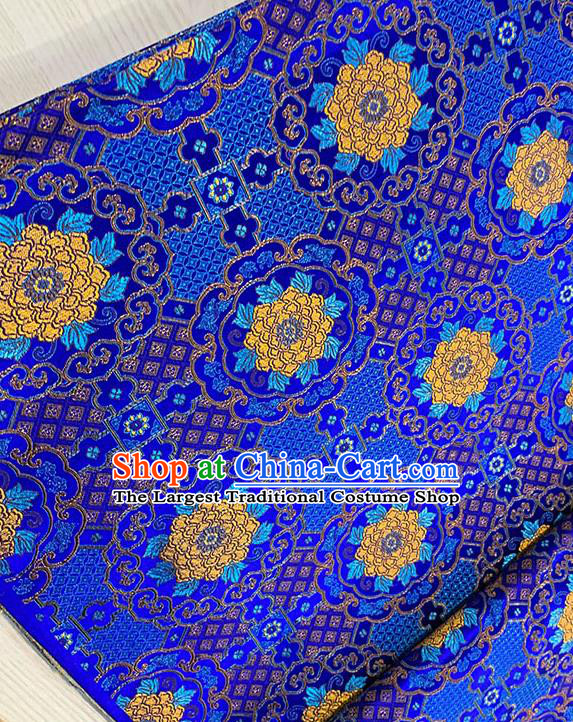 Chinese Traditional Yellow Peony Pattern Royalblue Silk Fabric Brocade Drapery Tang Suit Damask Material