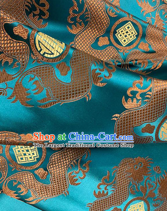 Chinese Traditional Double Dragon Pattern Blue Silk Fabric Tang Suit Damask Material Brocade Drapery