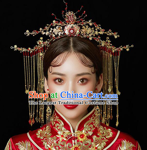 Chinese Handmade Hair Crown Classical Wedding Hair Accessories Ancient Bride Hairpins Red Crystal Phoenix Coronet Complete Set