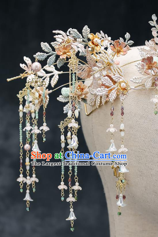 Chinese Handmade Flowers Hair Crown Classical Wedding Hair Accessories Ancient Bride Hairpins Phoenix Coronet Complete Set