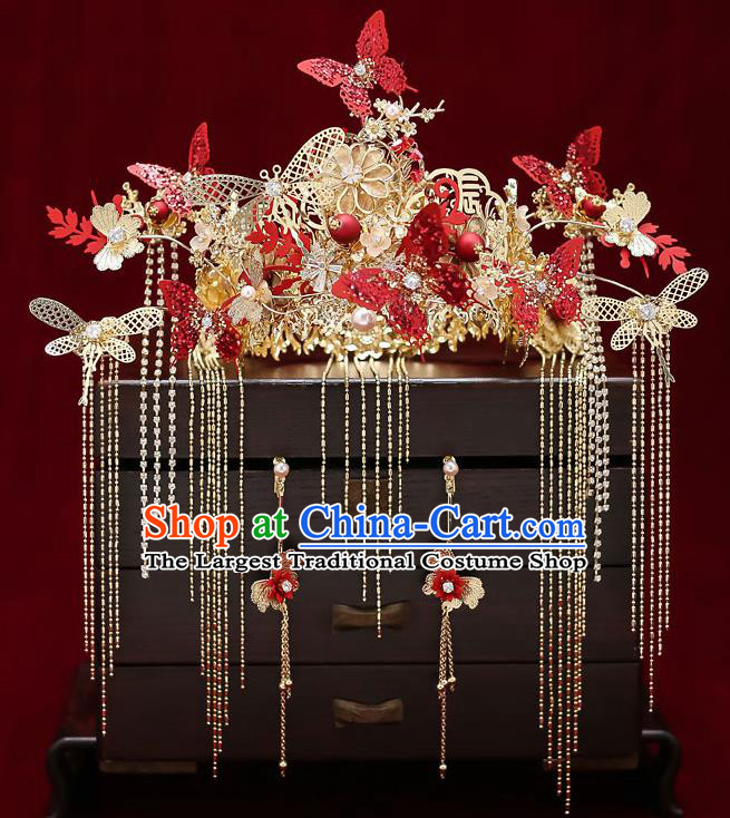 Chinese Handmade Red Butterfly Hair Crown Classical Wedding Hair Accessories Ancient Bride Hairpins Phoenix Coronet Complete Set