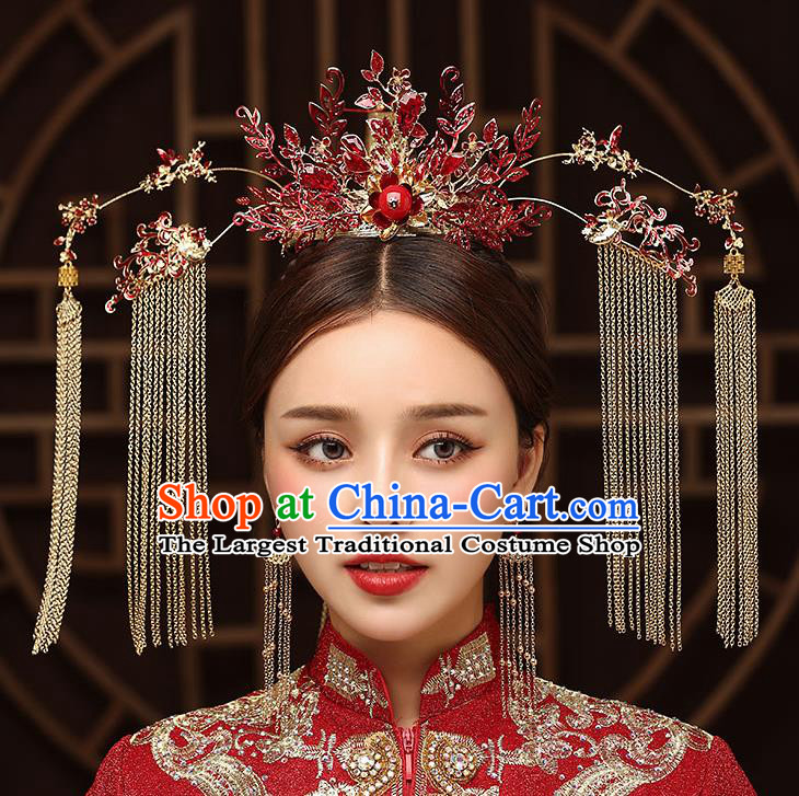 Chinese Handmade Red Phoenix Coronet Classical Wedding Hair Accessories Ancient Bride Tassel Hairpins Complete Set