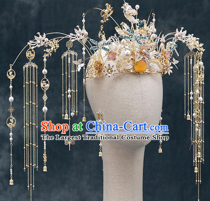 Chinese Handmade Dragonfly Phoenix Coronet Classical Wedding Hair Accessories Ancient Bride Hairpins Hair Crown Complete Set