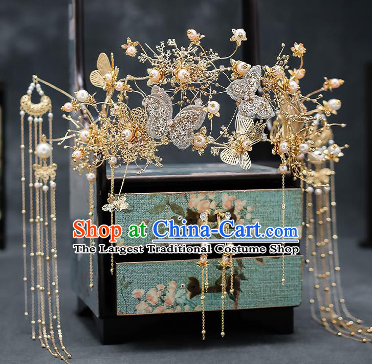 Chinese Handmade Butterfly Phoenix Coronet Classical Wedding Hair Accessories Ancient Bride Hairpins Golden Hair Crown Complete Set