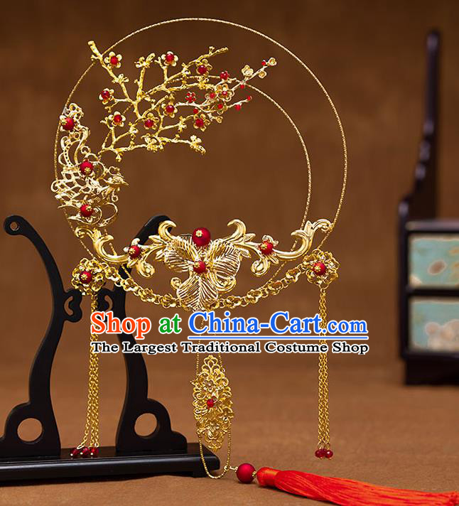 Chinese Handmade Wedding Golden Plum Palace Fans Classical Fans Ancient Bride Round Fans