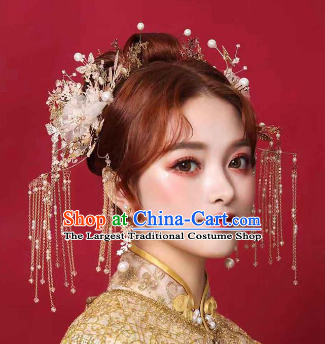 Chinese Handmade Silk Flowers Hair Comb Classical Wedding Hair Accessories Ancient Bride Hairpins Tassel Step Shake Complete Set