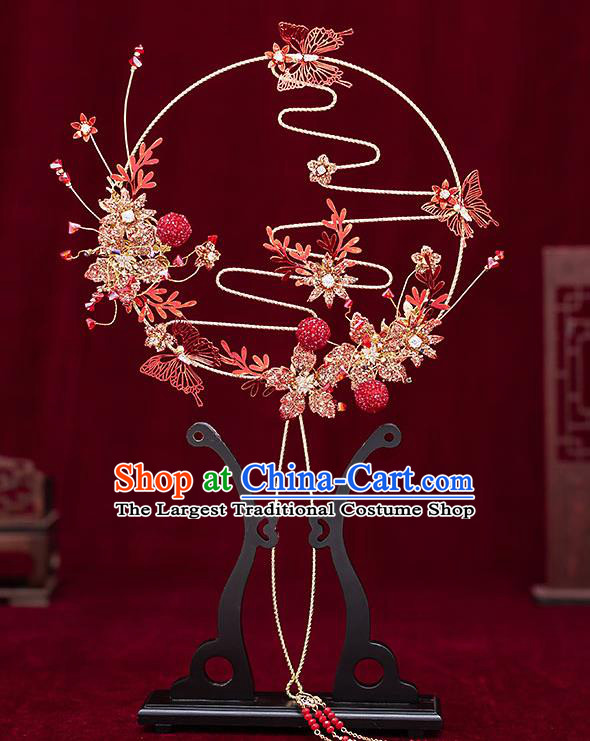 Chinese Handmade Red Palace Fans Classical Fans Ancient Bride Butterfly Round Fans