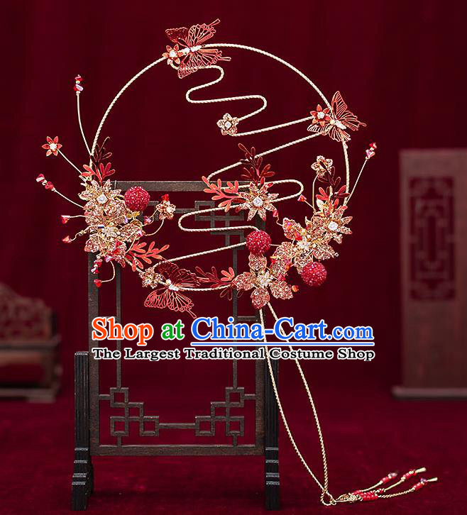 Chinese Handmade Red Palace Fans Classical Fans Ancient Bride Butterfly Round Fans